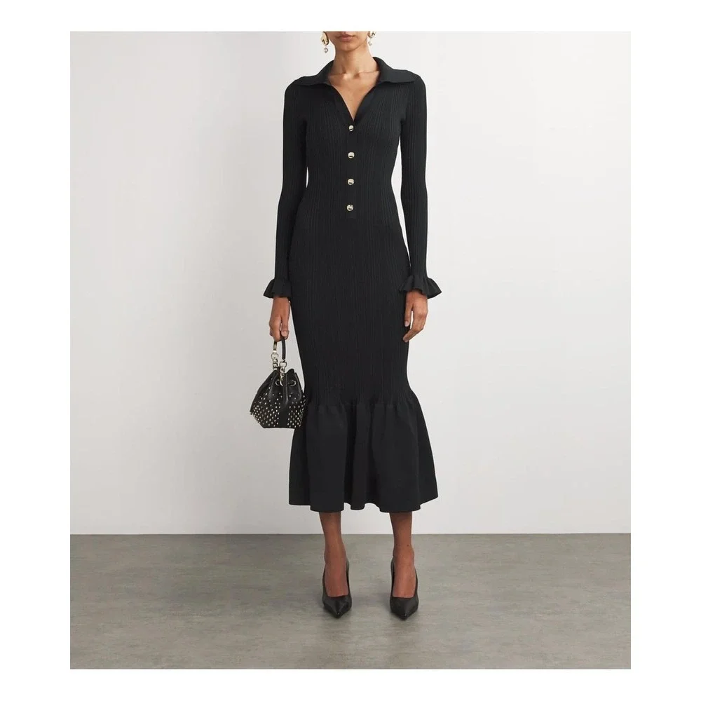 NWT Self-Portrait Black Ribbed Knit Fluted Midi Dress $555 - Size Small - Picture 2 of 16